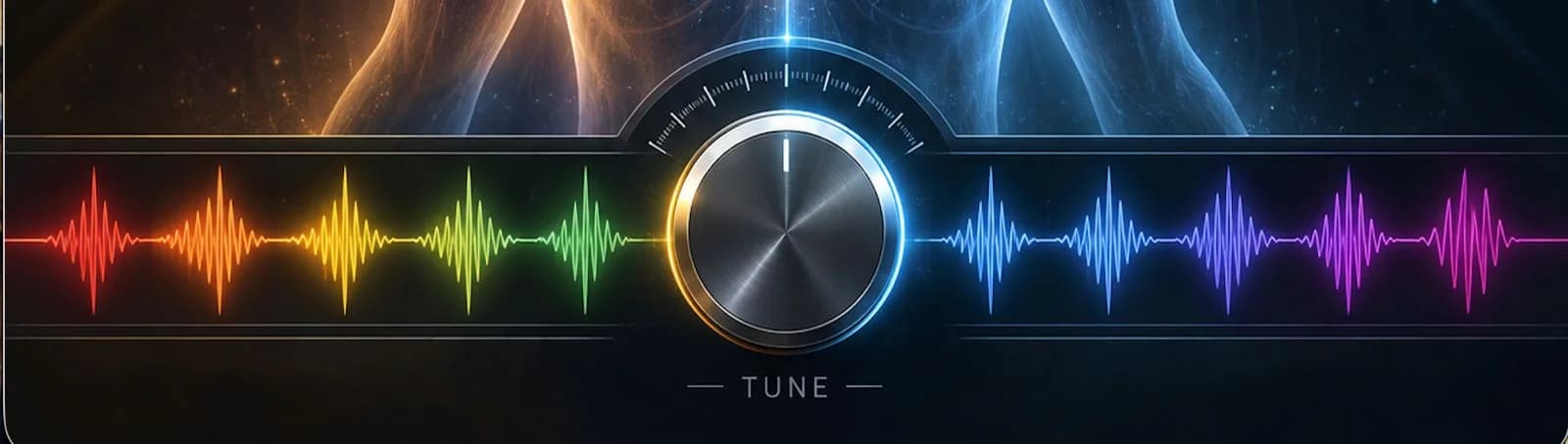 A tuning dial between rainbow waveforms, from red through to violet